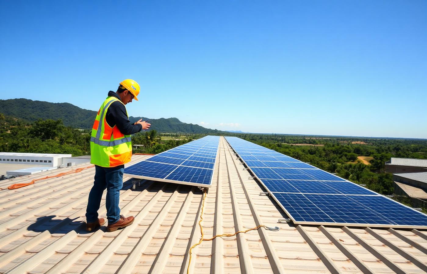 Técnico revisando paneles solares sobre el techo de chapa de un galpón industrial